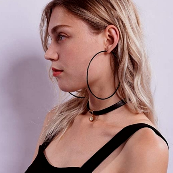 Katta Huge 4" Black Hoop Earrings Bohemian Feather Charm Big Hoops Oversized XL - Picture 4 of 9